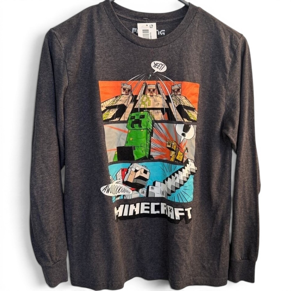 Mojang Minecraft T-Shirt Kids LG 14/16 Gray Long Sleeve Comic Panel Creeper Tee